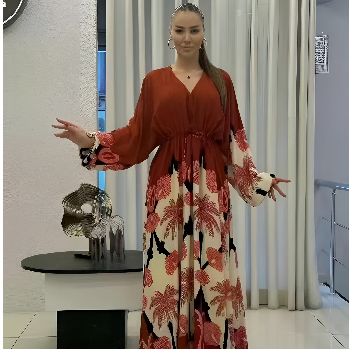 春季女款连衣裙百搭中国风长款印花红色复古古风