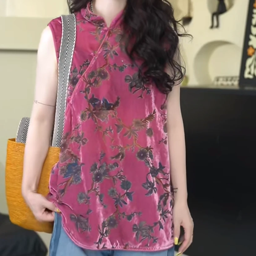 高级感改良旗袍式上衣女夏无袖马甲背心丝绒薄款年轻妈妈显瘦国风
