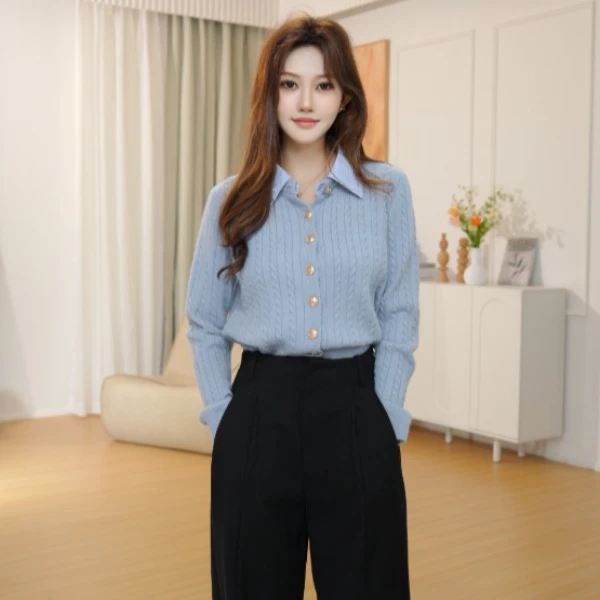 【年终狂欢购】茵曼25秋季时尚假两件衬衫领针织开衫纯色百搭毛衣