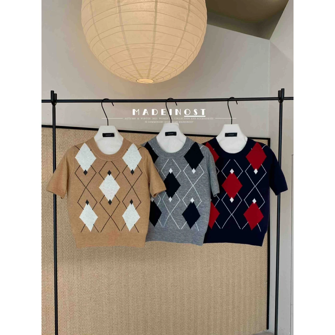 【娇娇私服订制】秋冬新款休闲菱格针织短袖毛衣8085#