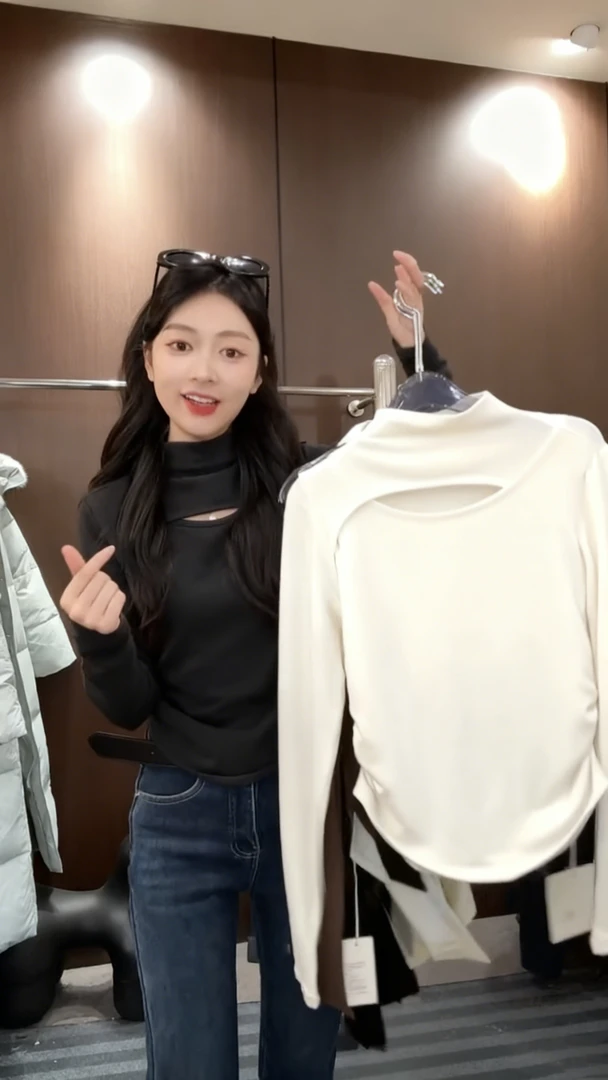 半高领镂空长袖加绒T恤女收腰显瘦设计感辣妹上衣打底衫