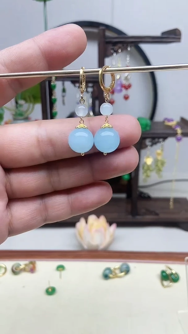 海蓝宝石耳坠14K金镶嵌80号