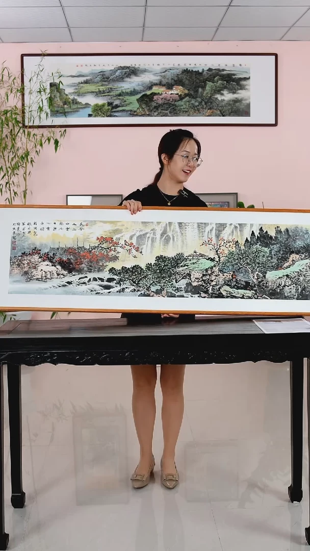 国画张现军《白居易：天平山上白云泉》手绘含框162*47厘米