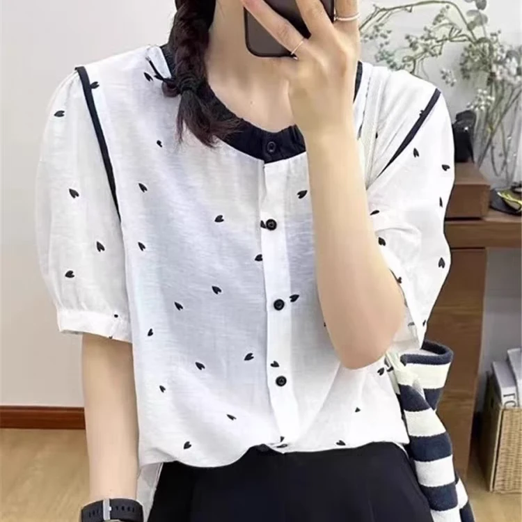 【九九定制】拼接圆领上衣复古夏季娃娃衫短袖减龄气质衬衫
