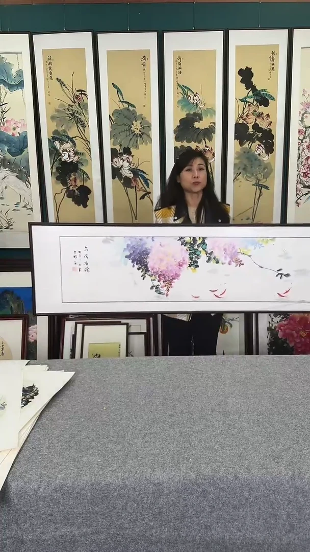 国画紫气东来实木装裱45*160