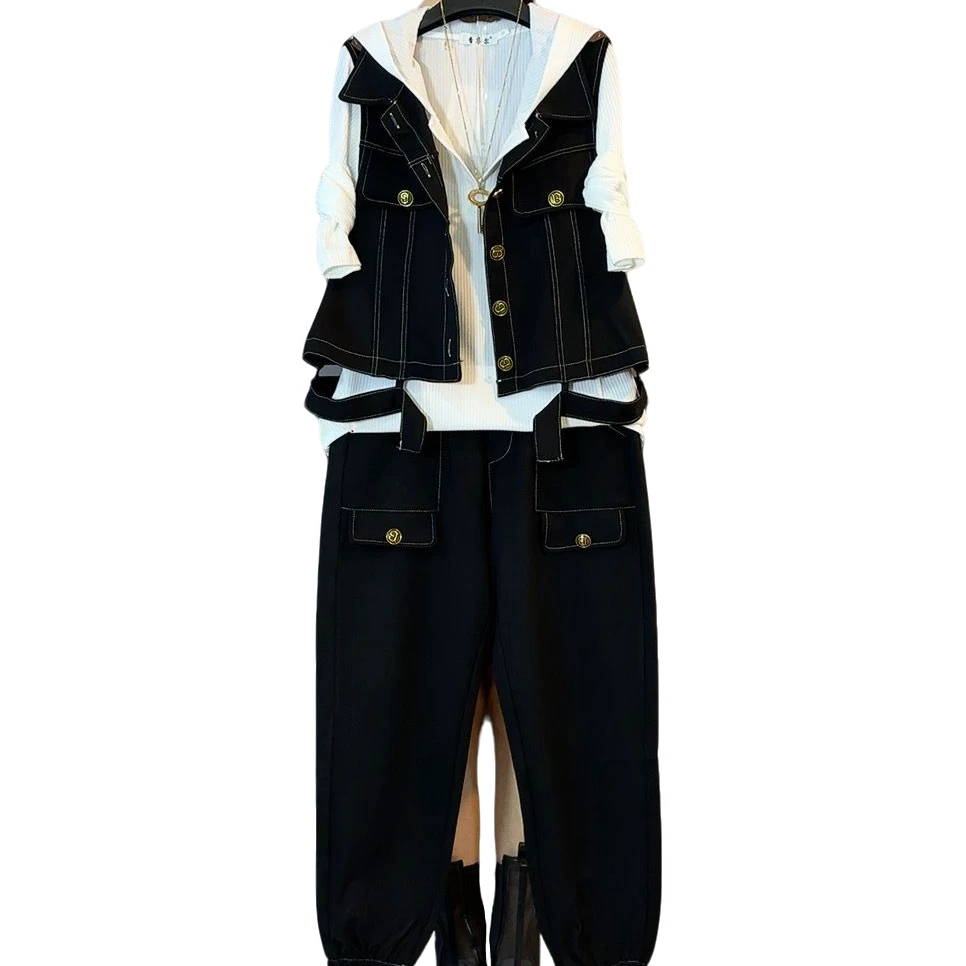 大维罗依XZE秋装新款大码工装风马甲打底显瘦套装