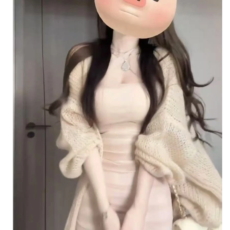【薄荷雪糕】气质纯欲风性感挂脖连衣裙女装修身包臀裙针织开衫外套