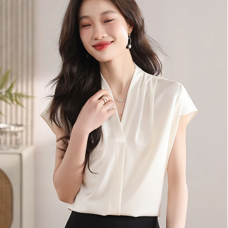 【优雅v领】凉感法式休闲柔顺缎面衬衫女夏季气质宽松百搭职业上衣