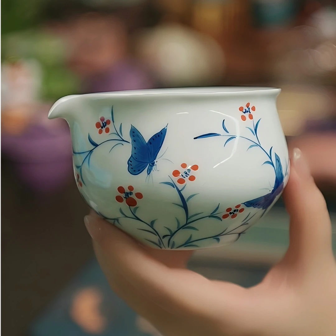梦蝶纯手绘釉下彩青花白瓷精致高级陶瓷茶具公道杯（200ml）