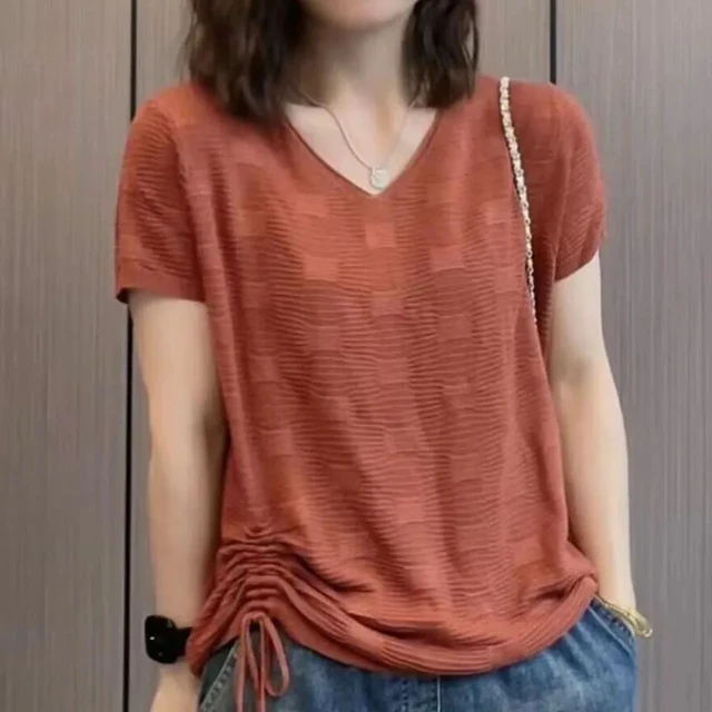 夏天冰丝短袖t恤女2025新款爆款妈妈夏装洋气时尚减龄小衫v领上衣