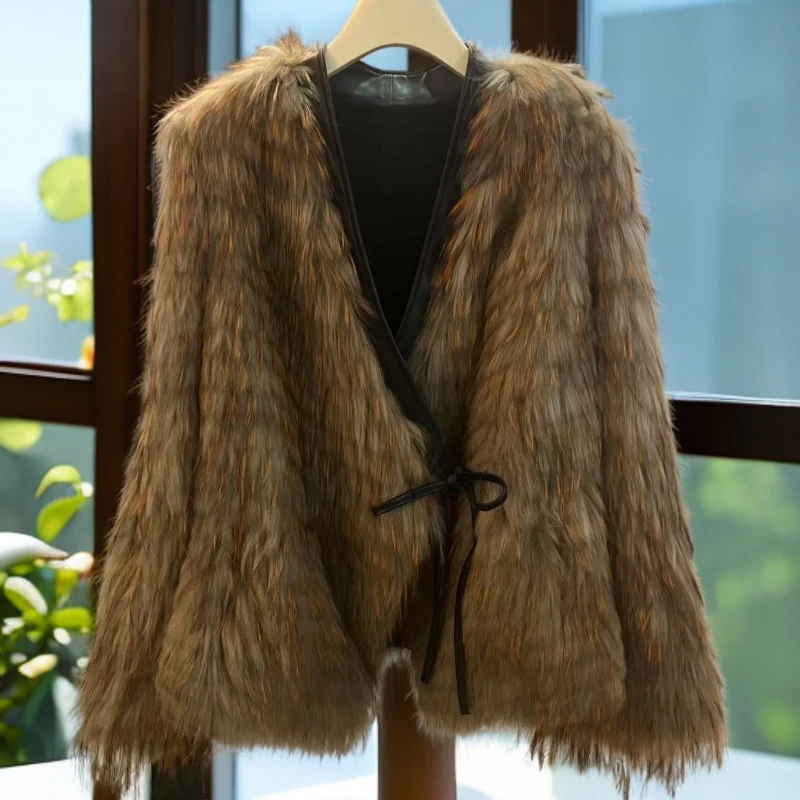 ‘’慵懒鸢尾’‘ 貉子毛V领浴袍款显瘦网红车条皮草外套中长女