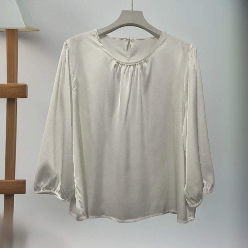 桑蚕丝妈妈装七分袖领口珍珠设计时尚款夏季舒适外穿春秋季