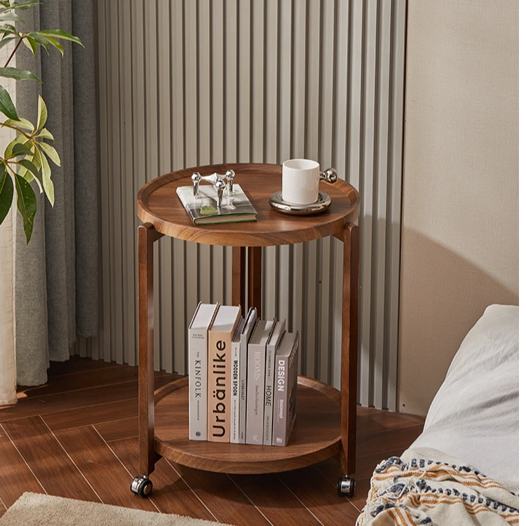 可移动小推车边几客厅茶几沙发厨房推车橡胶木置物架移动茶几