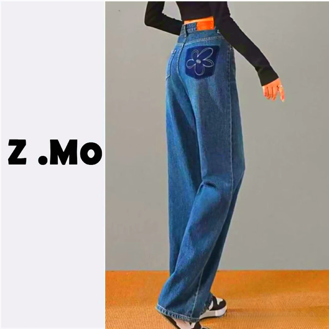 【M家&花花刺绣牛仔裤】超爱~设计复古刺绣花高腰直筒牛仔裤