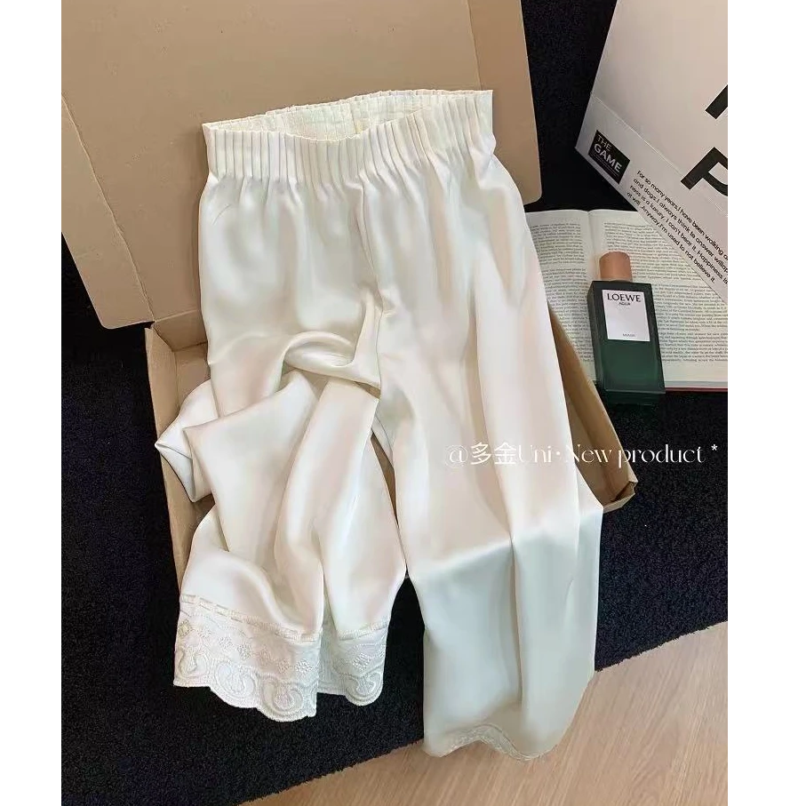 白色缎面垂坠感刺绣阔腿裤女夏宽松显瘦时尚高端洋气慵懒风直筒裤