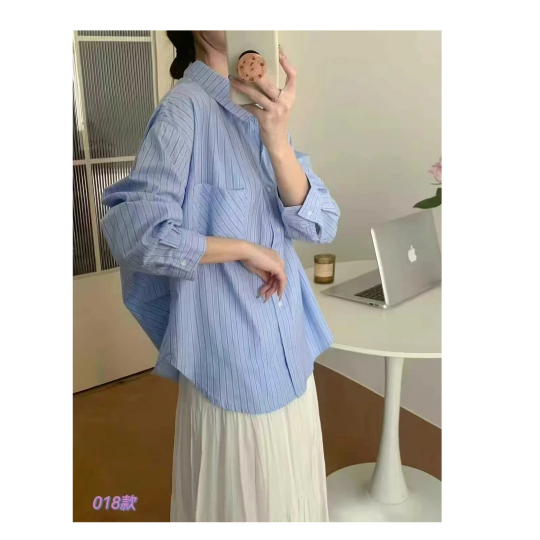 25018韩版百搭宽松蓝色条纹长袖衬衫女慵懒风