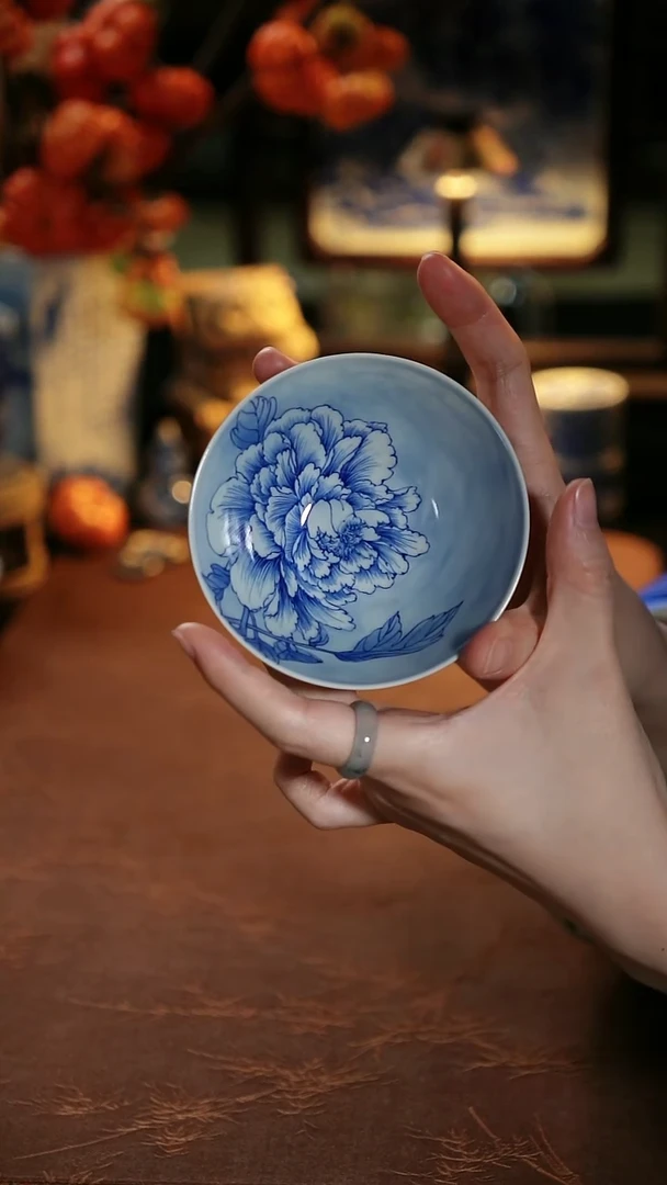 谷子窑 牡丹书法小碗杯