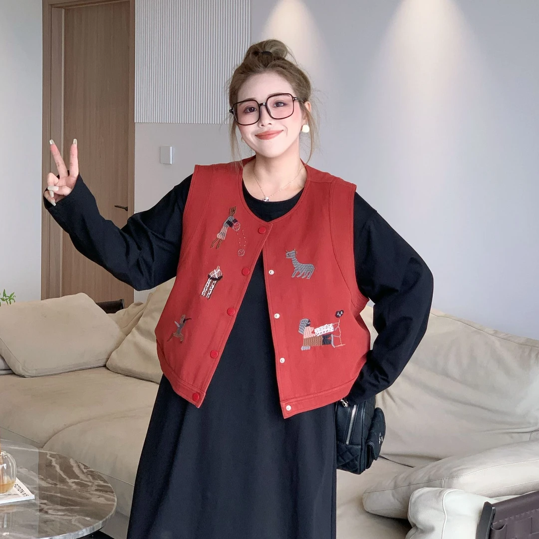 媛子大码复古牛仔绣花马夹百搭休闲时尚宽松显瘦民族风国风马甲