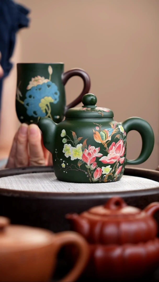 茶壶紫砂民国绿道洪静其双面泥绘+杯