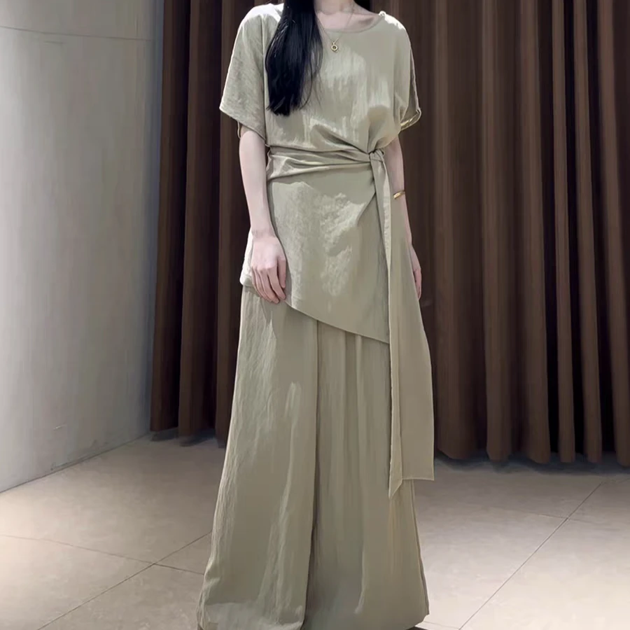 【涵涵家】夏季韩系不规则系带收腰短袖T恤上衣搭配高腰垂感阔腿裤