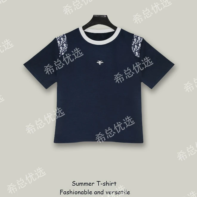 时尚蜜蜂刺绣设计感短袖T恤女2025夏季新款重工拼接百搭时尚上衣