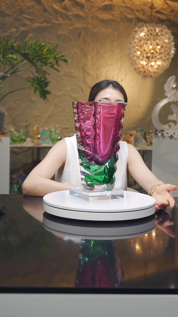 琉璃手工艺品福利金红湖水绿切面花瓶带底座