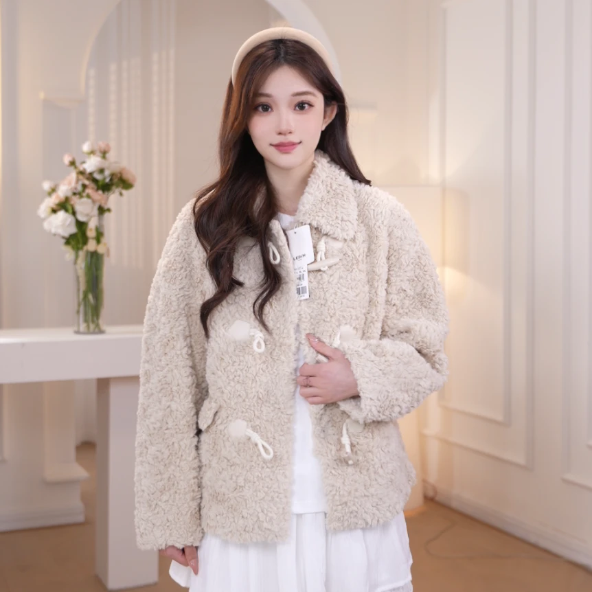【新品】乐町24冬季新款女装韩系气质牛角扣仿皮草外套软糯毛绒上衣