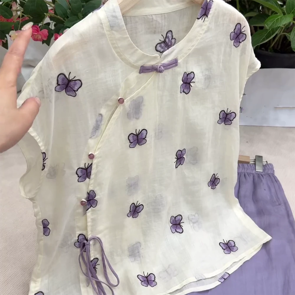 夏季新款紫色蝴蝶刺绣斜襟苎麻小衫盘扣流苏衬衫女上衣C5366