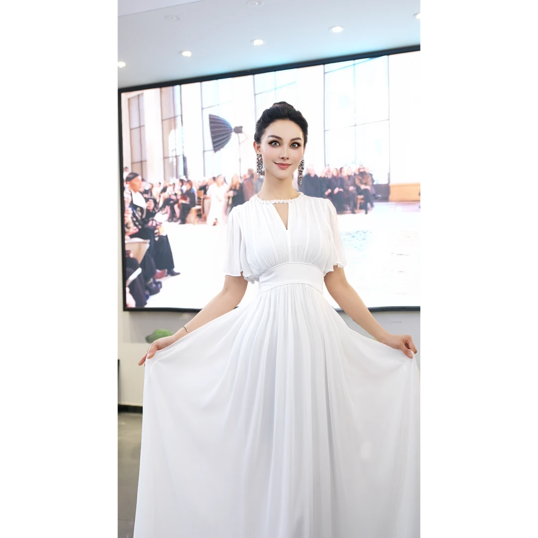 夏季白色礼服显瘦收腰夏季轻奢V领小众法式优雅连衣裙70787