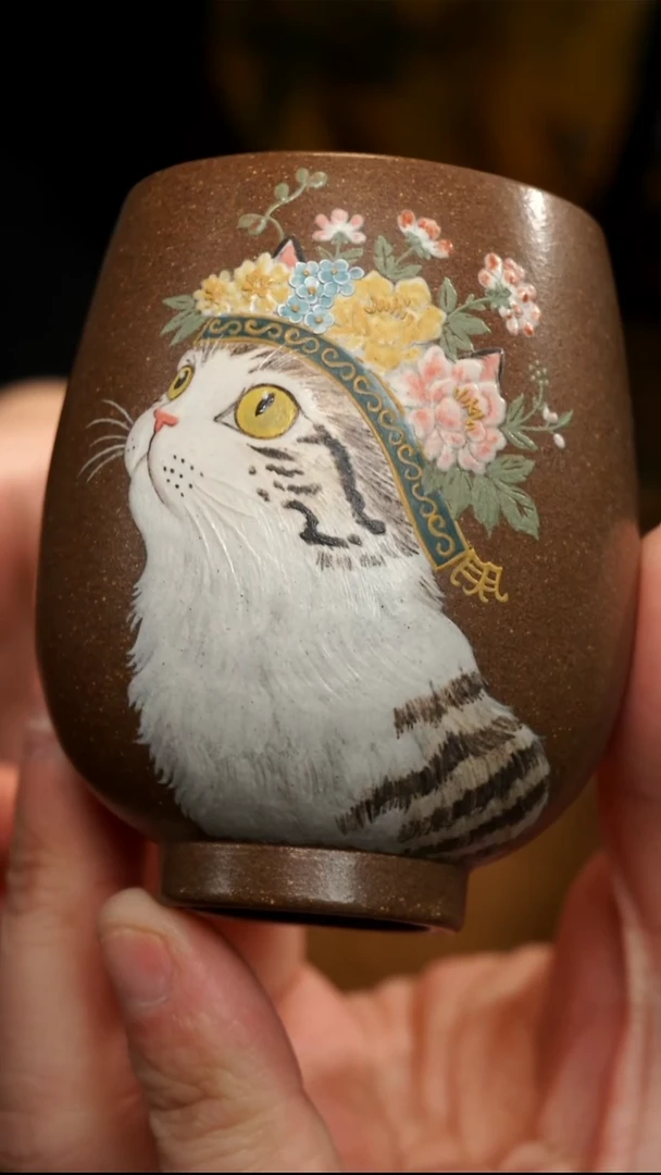 茶壶紫砂段泥簪花猫杯