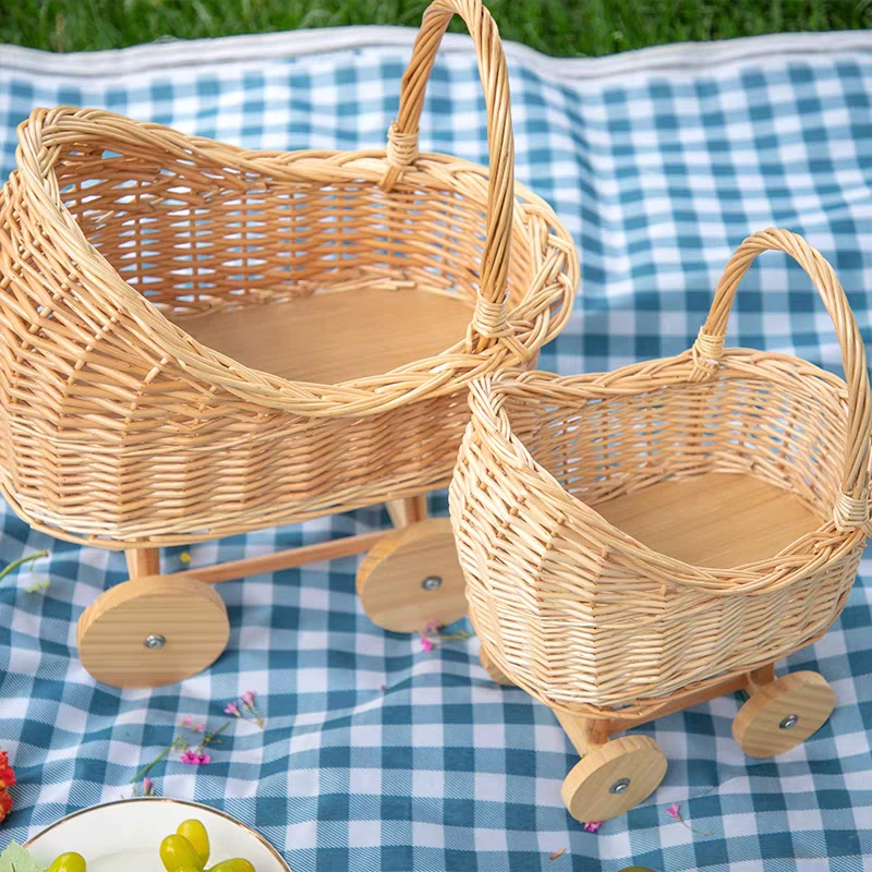 ins柳编婴儿篮造型小推车收纳篮家用装饰摄影道具宠物窝猫窝花篮