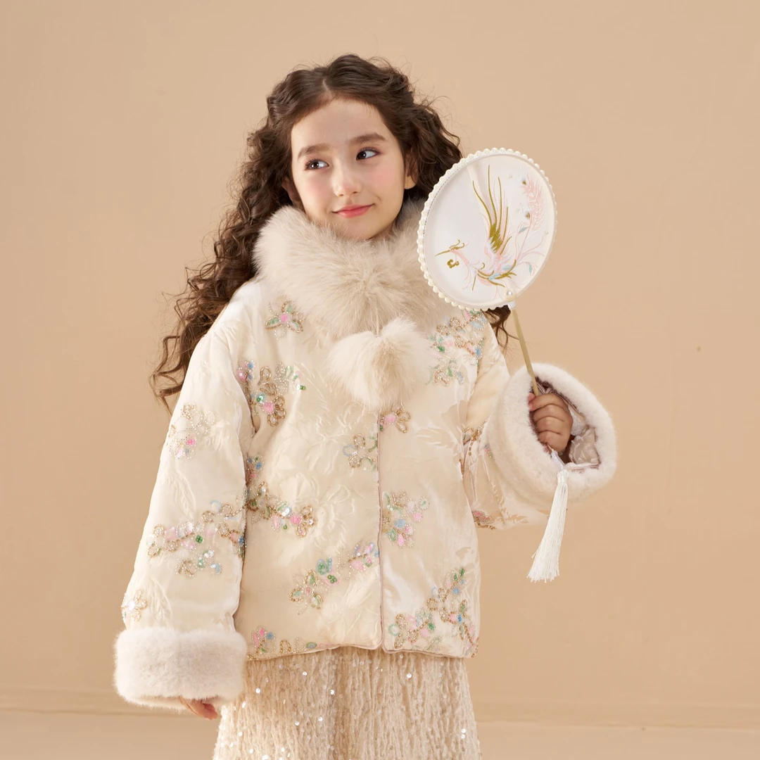 【三星安心白鹅绒】月绒【手工珠绣】女童90白鹅绒羽绒外套 PF60101