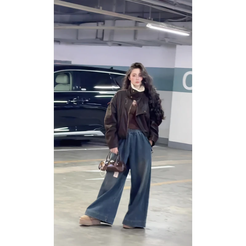 长袖皮衣夹克外套加绒超好看宽松洋气上衣松紧腰直筒休闲牛仔裤女