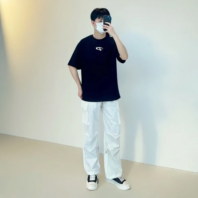 白色大口袋工装裤子男款夏季美式潮牌垂感伞兵裤防水速干冲锋裤