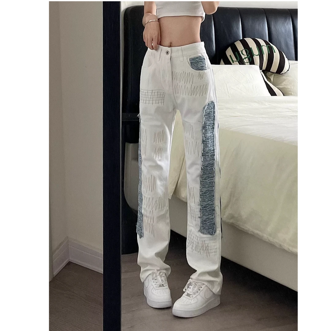 【D3039】美式高街刺绣休闲牛仔裤男女款小众设计感百搭宽松直筒裤