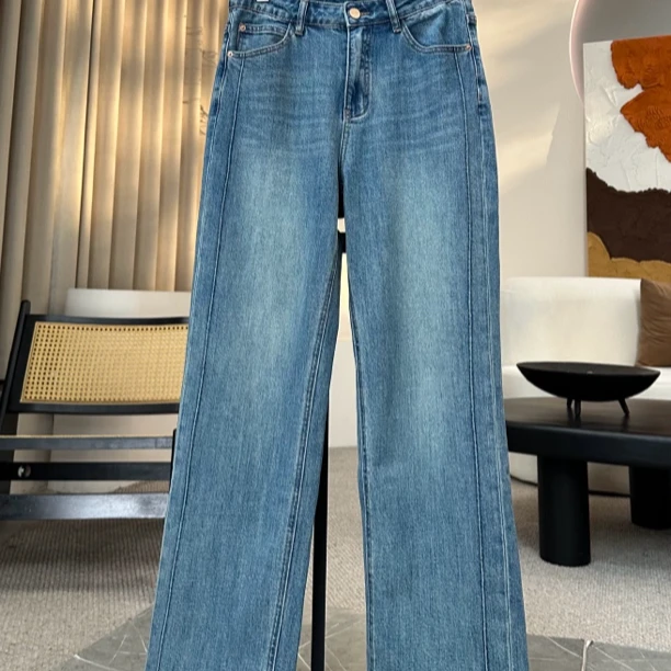 【墨涵精选】韩版简约时尚百搭减龄显瘦休闲窄版直筒牛仔裤26068