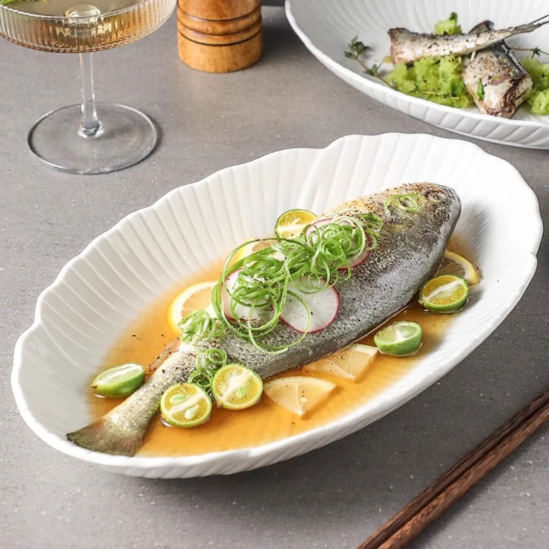 【买一送一】12英寸椭圆形陶瓷西餐盘汤盘创意长条椭圆瓷盘盘大号