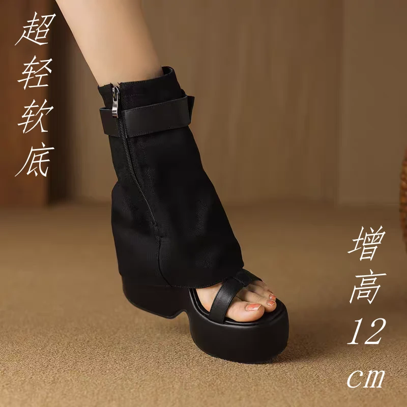 夏季新款裤管靴女小个子增高10cm松糕厚底坡跟凉靴子百搭罗马凉鞋