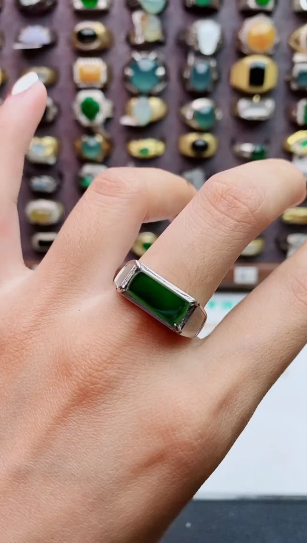 银S925镶嵌戒指翡翠天然翡翠男戒