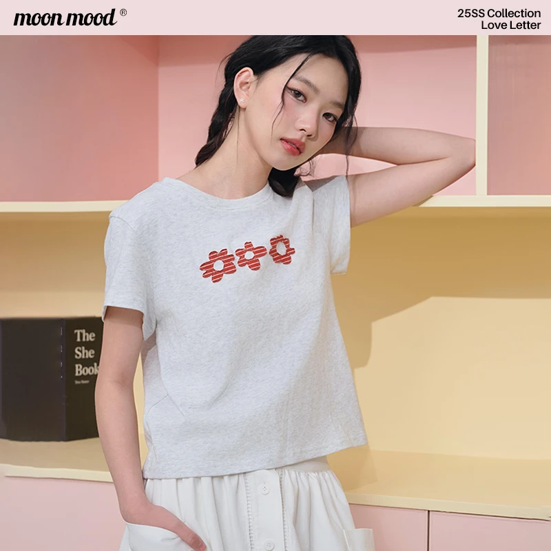 MOONMOOD ·「三朵小花」韩系正肩短袖天蓝杂灰日常纯棉小众设计韩国