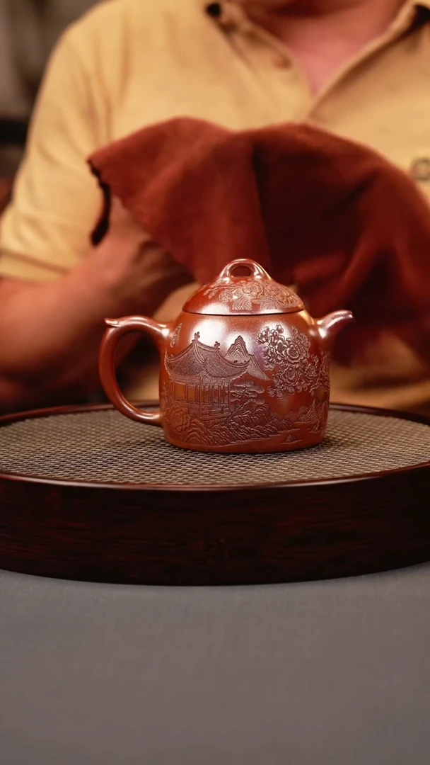 茶壶紫砂桃花泥 秦权 刻绘