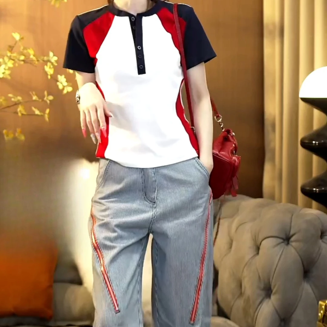 夏季美式撞色修身显瘦拼接圆领经典短袖t恤上衣