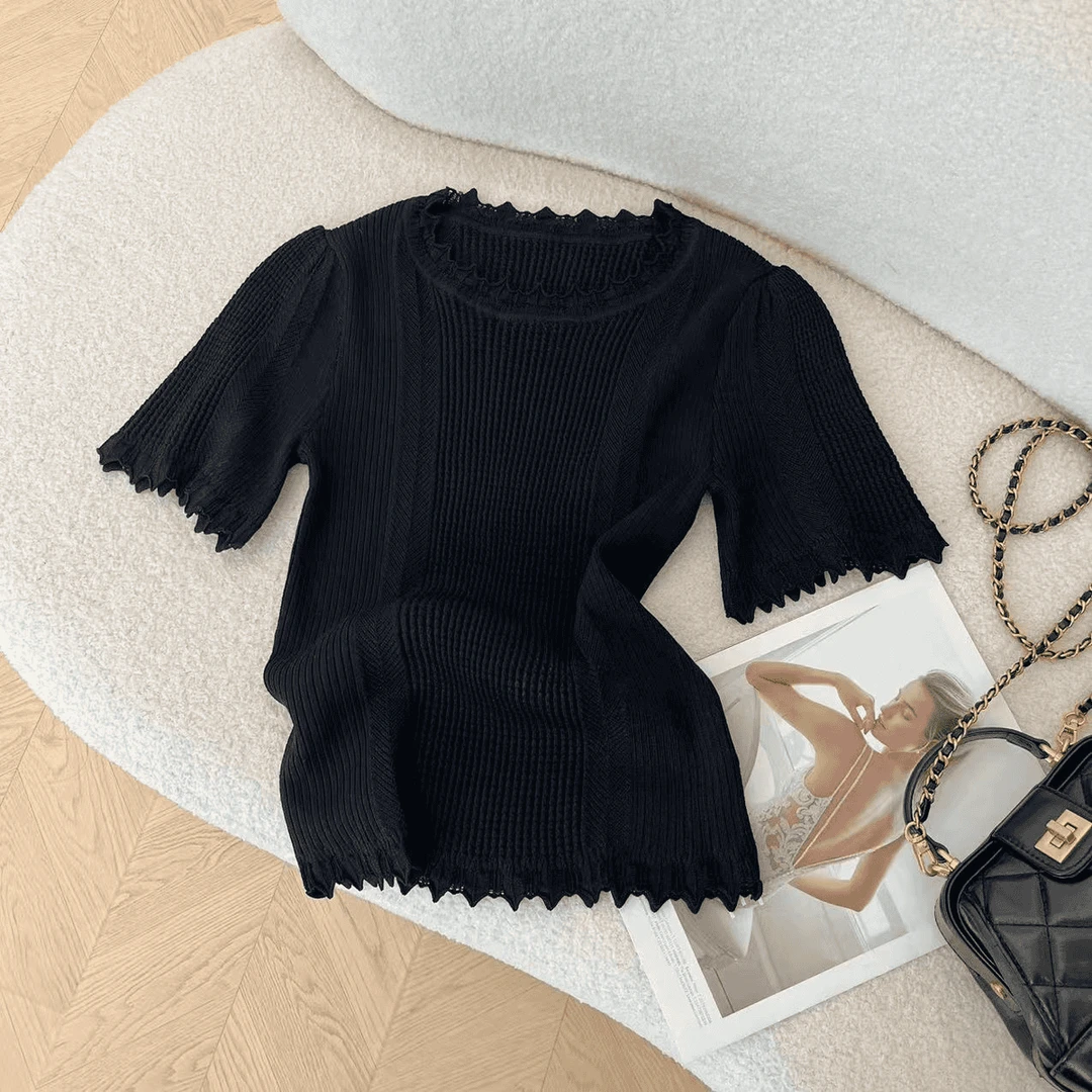 韩版百搭2025年春夏季夏季显瘦针织木耳边短袖时尚百搭上衣W1-78