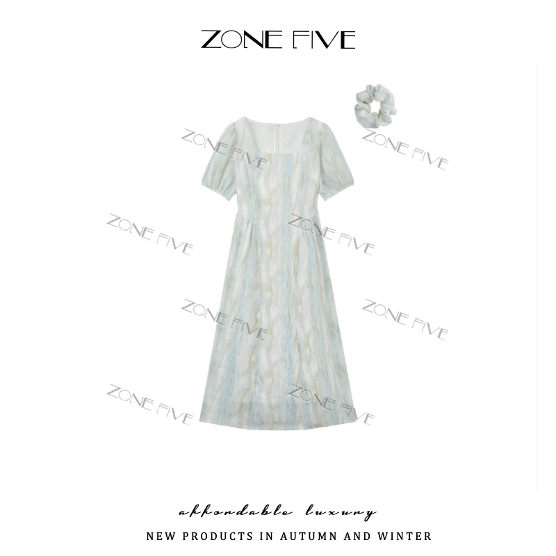 【zonefive】方领长裙夏季圆领春夏收腰连衣裙优雅复古法式设计师