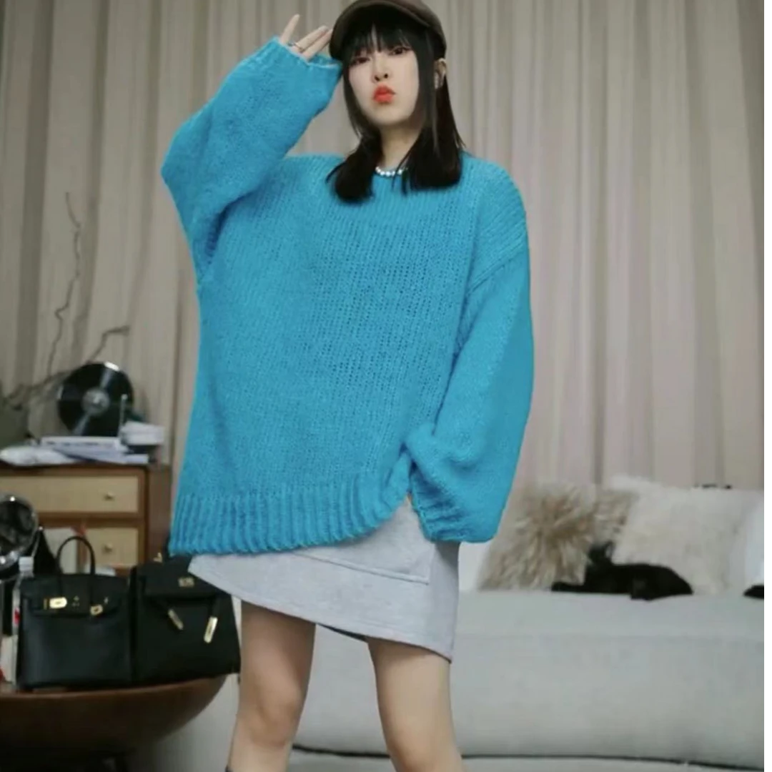infobyfive2025秋冬新款长袖宽松纯色不规则针织羊毛毛衣2DI1204