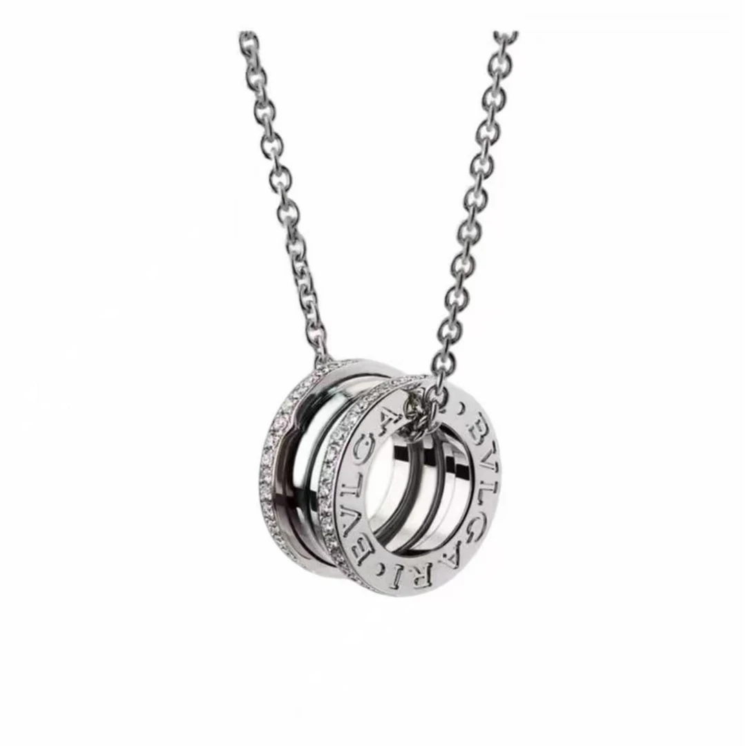 99新 BVLGARI/宝格丽 经典时尚简约镶钻白金边钻弹簧项链