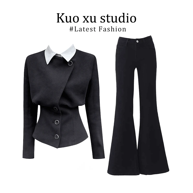 御姐风假两件毛呢外套女秋季新款设计感收腰显瘦上衣微喇休闲裤女