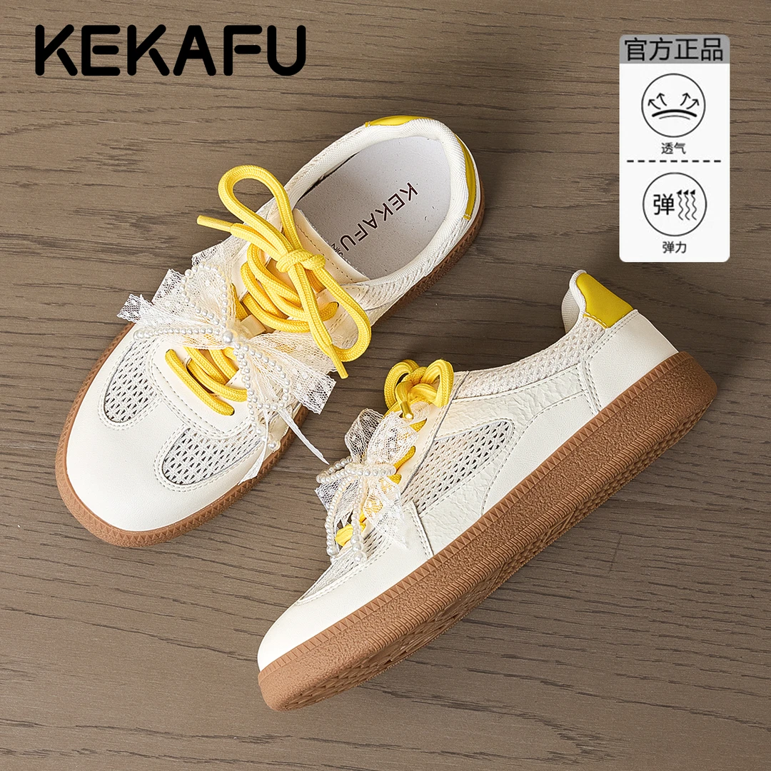 珂卡芙平底德训鞋女2026春季新款透气网面鞋珍珠蝴蝶结轻便小白鞋