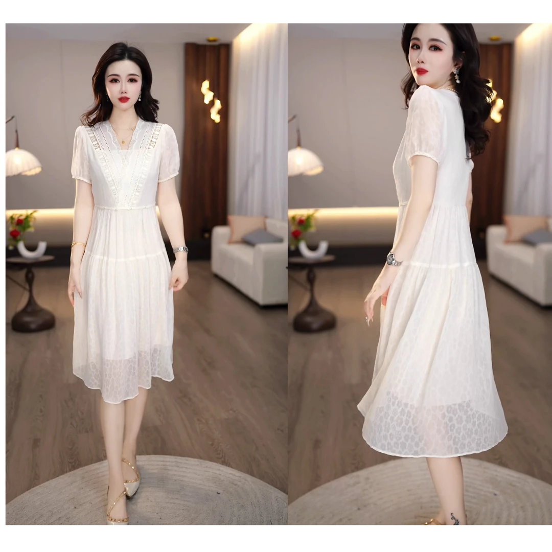 2025夏季新款米白色度假风V领镂空时尚优雅经典设计连衣裙M-4XL