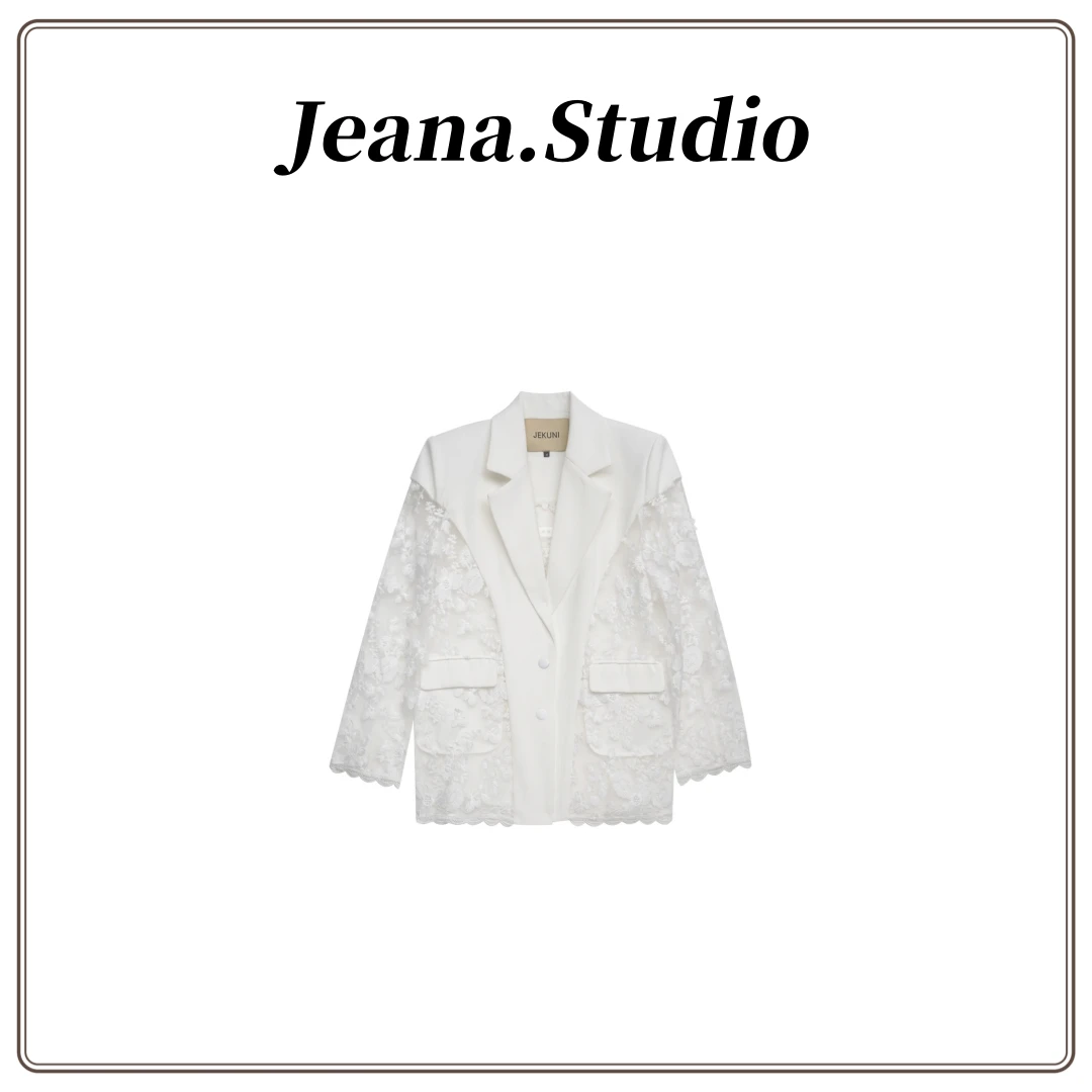 【Jeana.Studio】原创设计白色突花网纱蕾丝西装外套